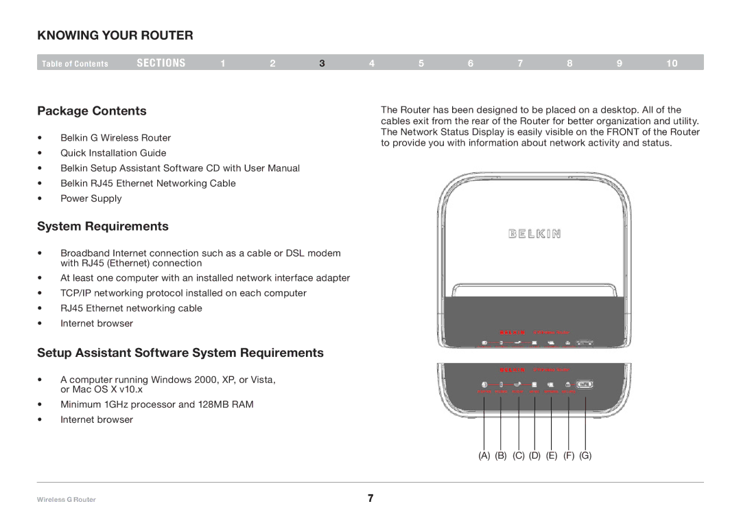 Belkin F5D7234-4-H user manual Knowing your Router, Package Contents, System Requirements 