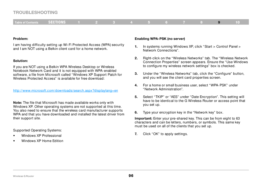 Belkin F5D7234-4-H user manual Enabling WPA-PSK no server 