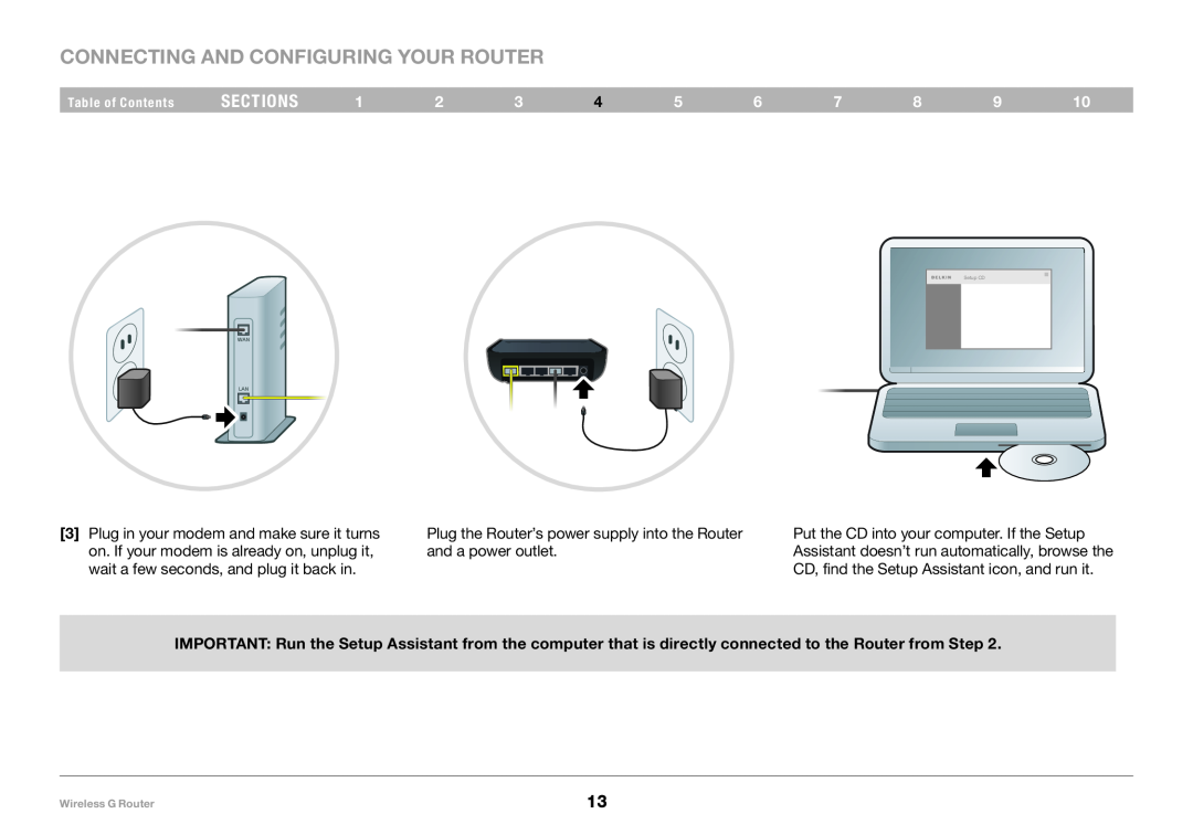 Belkin F5D7234-4 user manual Connecting and Configuring your Router, sections, Table of Contents, Setup CD 