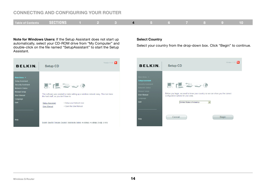 Belkin F5D7234-4 Connecting and Configuring your Router, sections, Select Country, Table of Contents, Wireless G Router 