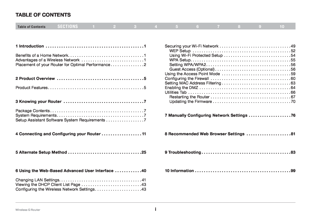 Belkin F5D7234-4 user manual sections, Table of Contents, Product Features, Connecting and Configuring your Router 