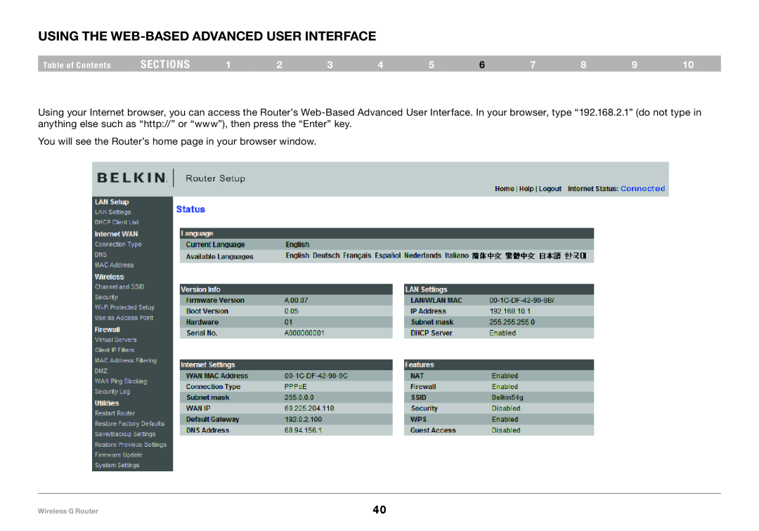 Belkin F5D7234-4 user manual Using the Web-Based Advanced User Interface, sections, Table of Contents, Wireless G Router 