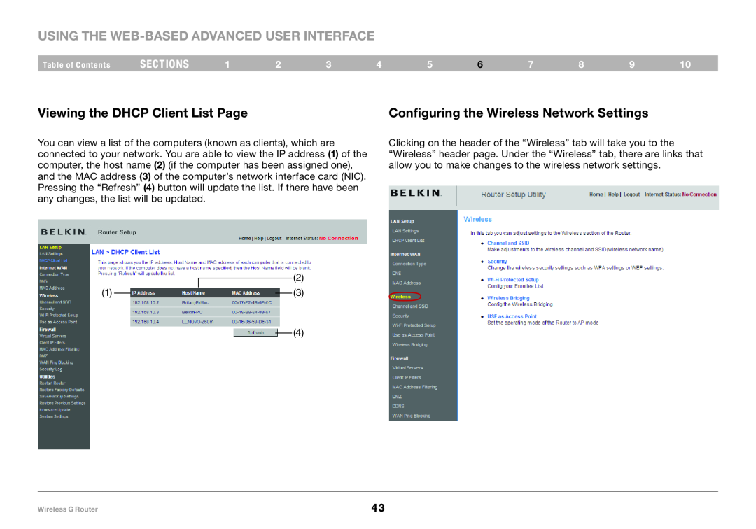 Belkin F5D7234-4 user manual Using the Web-Based Advanced User Interface, Viewing the DHCP Client List Page, sections 