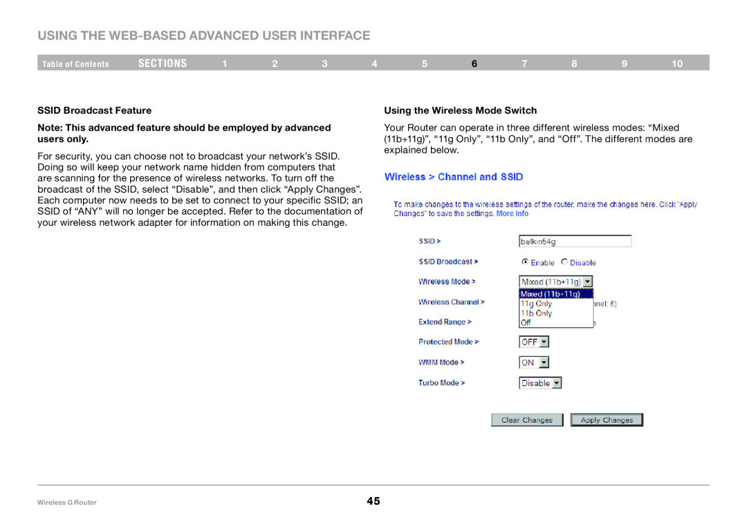 Belkin F5D7234-4 user manual Using the Web-Based Advanced User Interface, sections, SSID Broadcast Feature 