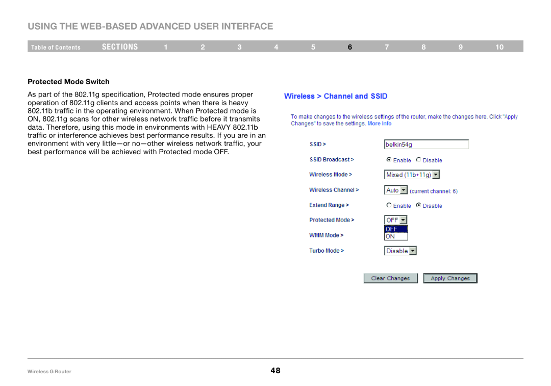 Belkin F5D7234-4 user manual Using the Web-Based Advanced User Interface, sections, Protected Mode Switch 