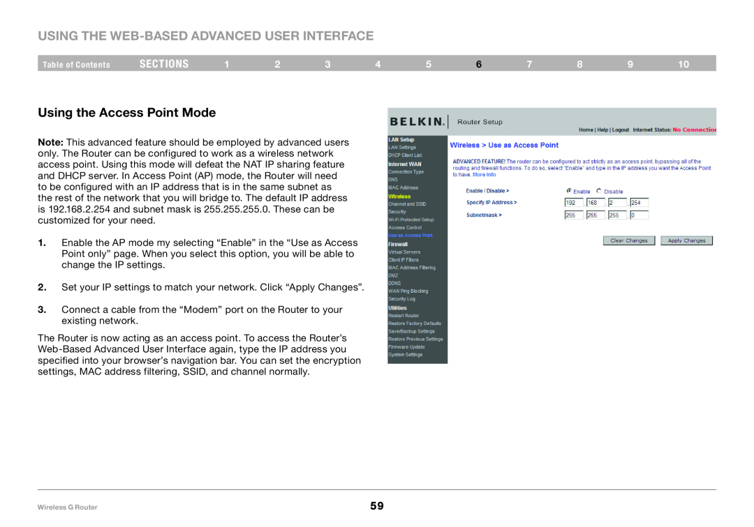 Belkin F5D7234-4 user manual Using the Web-Based Advanced User Interface, Using the Access Point Mode, sections 