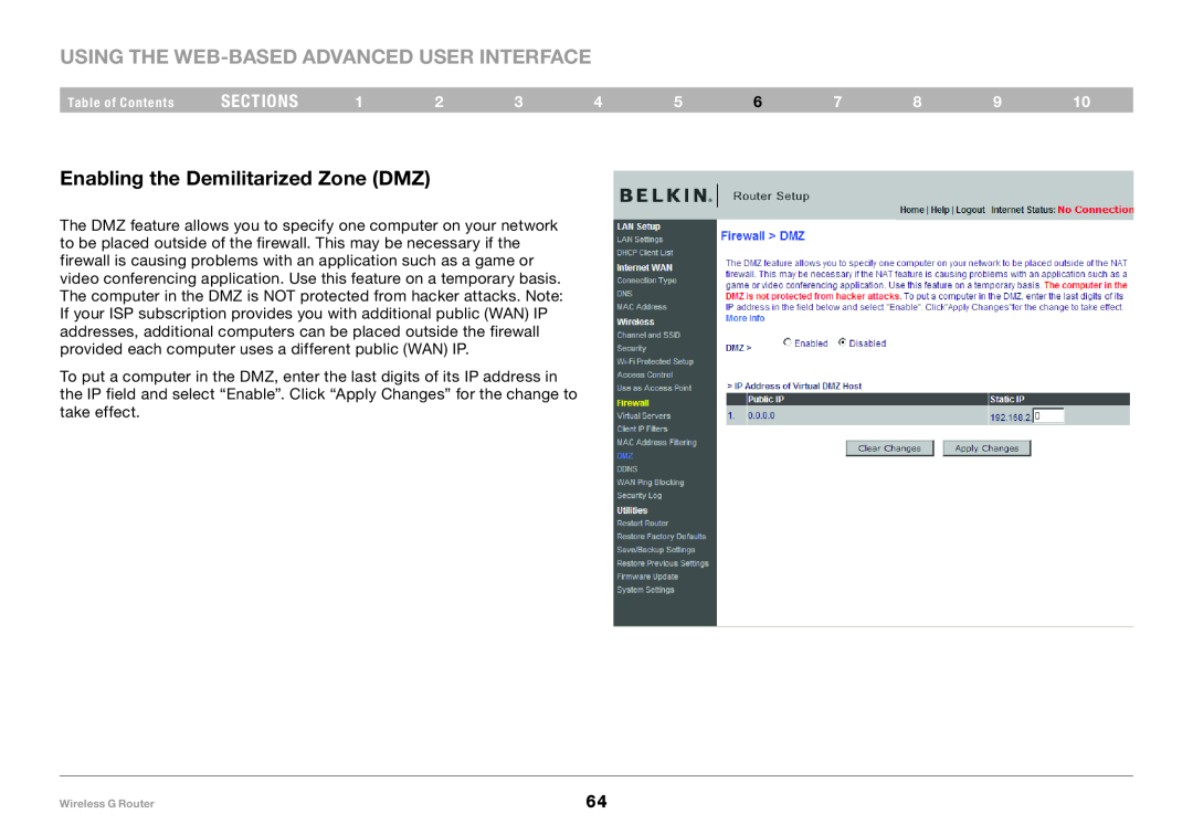 Belkin F5D7234-4 user manual Using the Web-Based Advanced User Interface, Enabling the Demilitarized Zone DMZ, sections 