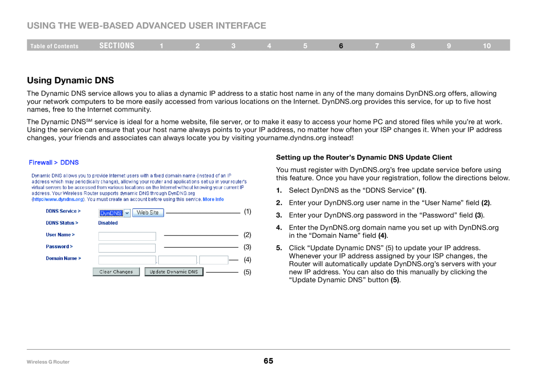 Belkin F5D7234-4 user manual Using the Web-Based Advanced User Interface, Using Dynamic DNS, sections 