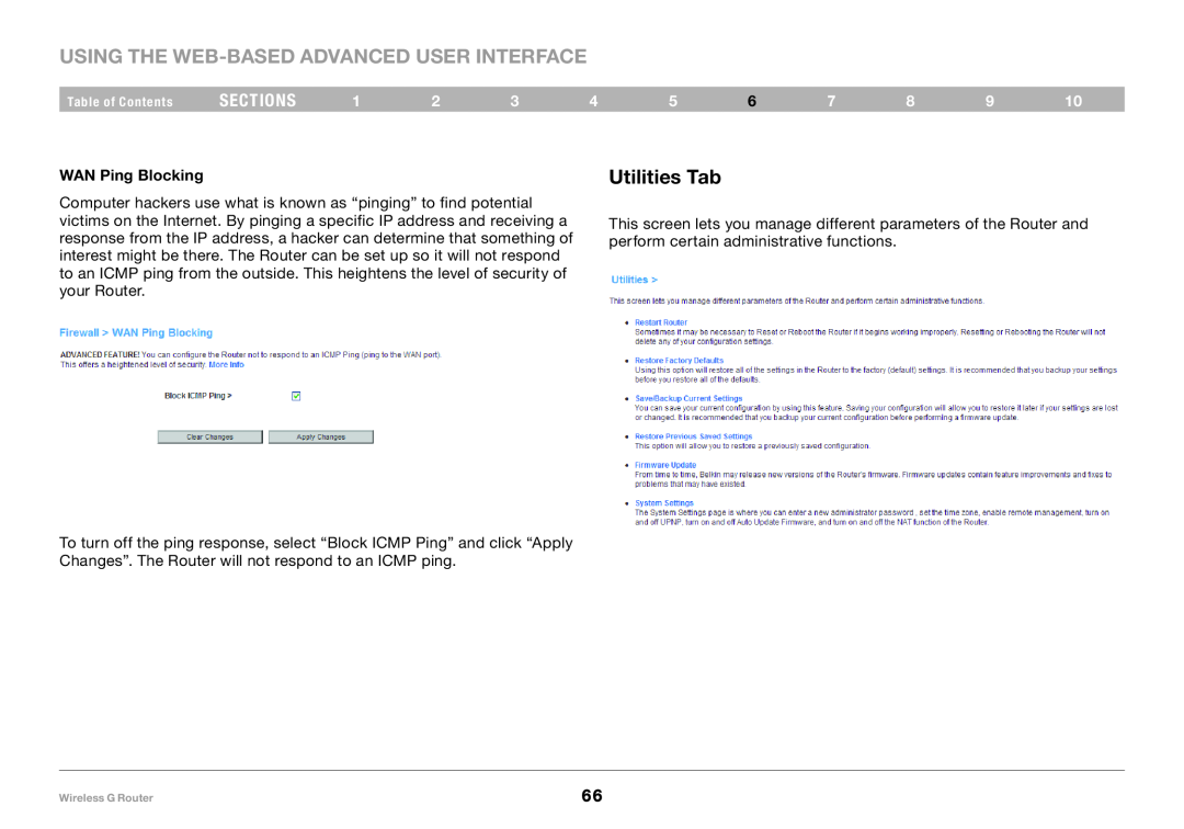 Belkin F5D7234-4 user manual Utilities Tab, Using the Web-Based Advanced User Interface, sections, WAN Ping Blocking 