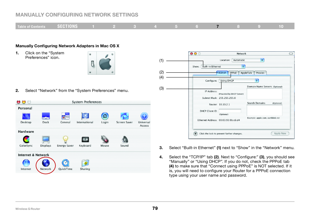 Belkin F5D7234-4 Manually Configuring Network Settings, sections, Manually Configuring Network Adapters in Mac OS 