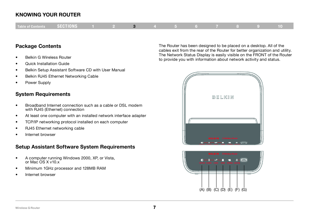 Belkin F5D7234-4 Knowing your Router, Package Contents, Setup Assistant Software System Requirements, sections 