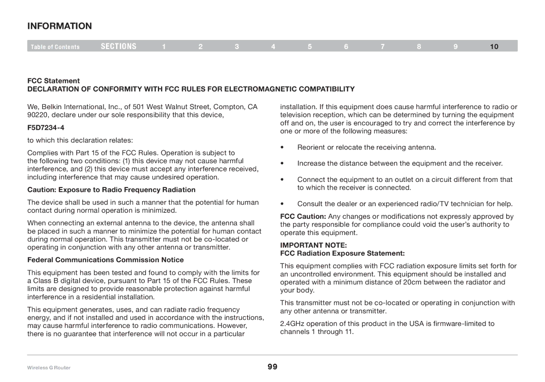 Belkin F5D7234-4 Information, FCC Statement, Federal Communications Commission Notice, FCC Radiation Exposure Statement 