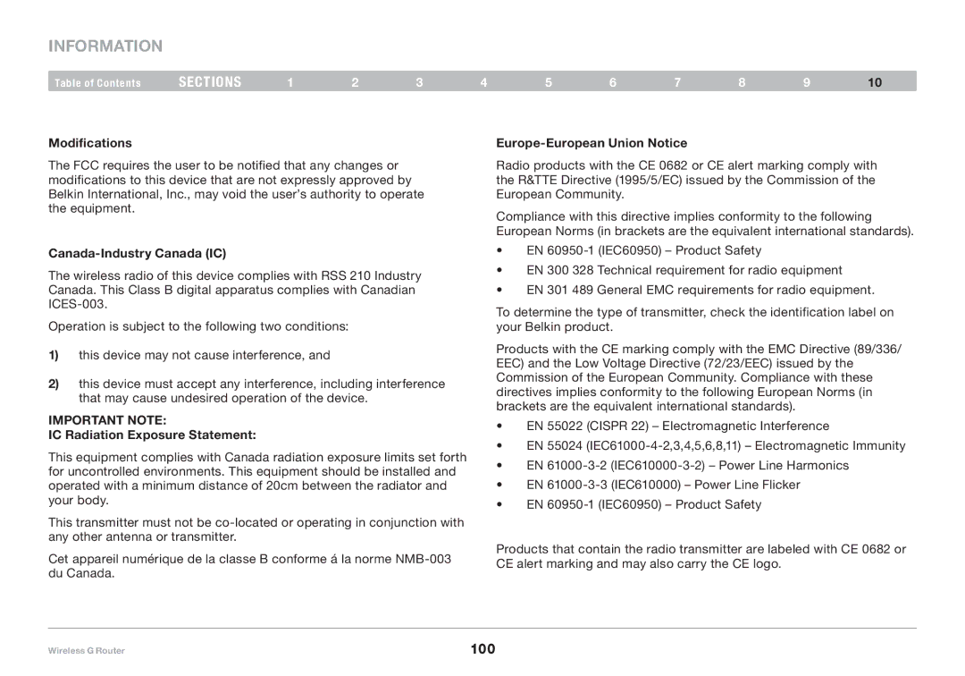 Belkin F5D7234-4 Modifications, Europe-European Union Notice, Canada-Industry Canada IC, IC Radiation Exposure Statement 