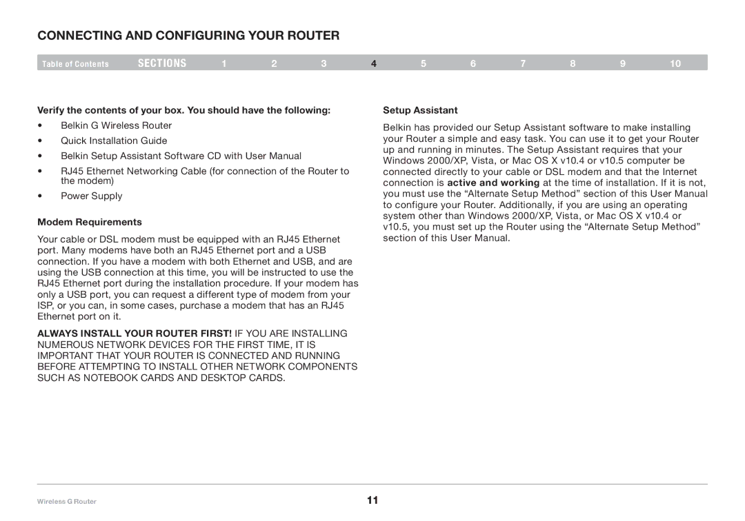 Belkin F5D7234-4 user manual Connecting and Configuring your Router, Modem Requirements, Setup Assistant 