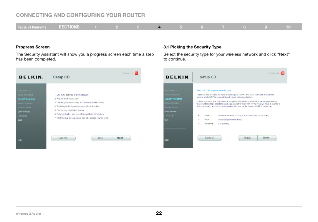 Belkin F5D7234-4 user manual Progress Screen Picking the Security Type 