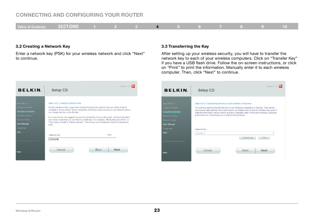 Belkin F5D7234-4 user manual Creating a Network Key Transferring the Key 