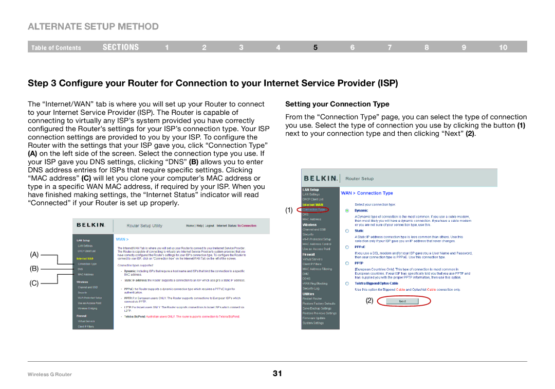 Belkin F5D7234-4 user manual Setting your Connection Type 