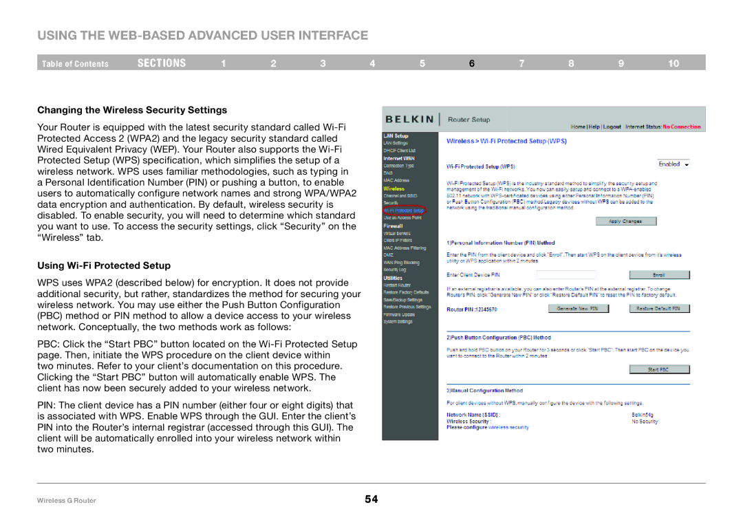 Belkin F5D7234-4 user manual Changing the Wireless Security Settings, Using Wi-Fi Protected Setup 