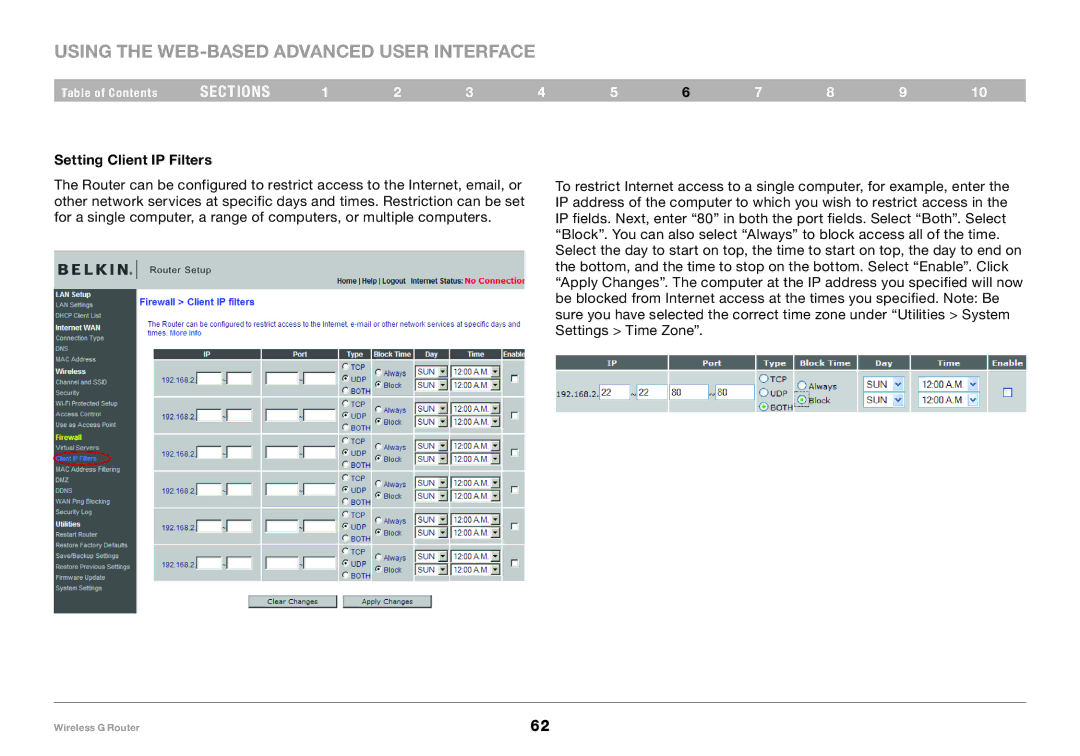 Belkin F5D7234-4 user manual Setting Client IP Filters 