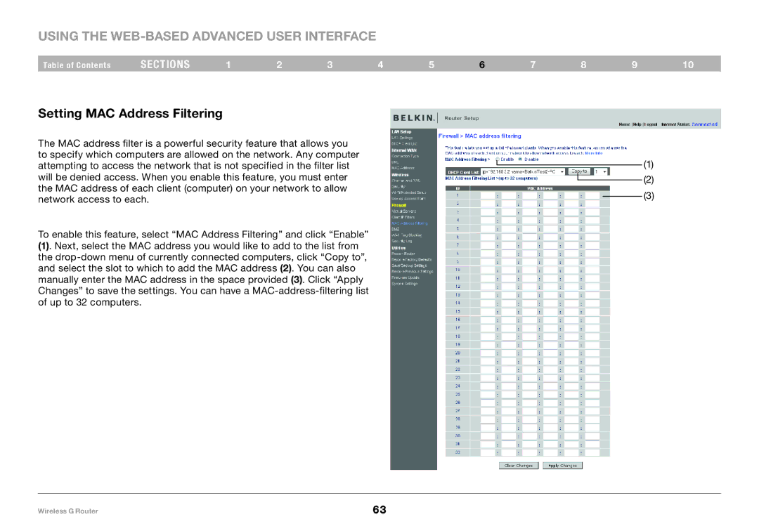 Belkin F5D7234-4 user manual Setting MAC Address Filtering 