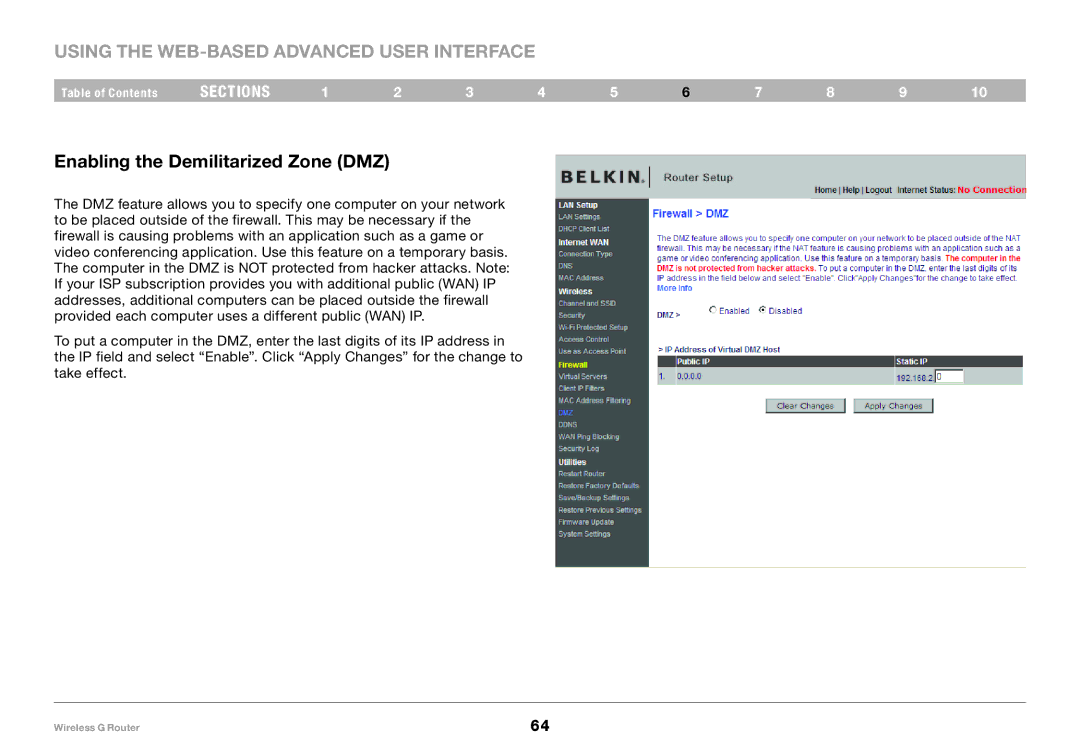 Belkin F5D7234-4 user manual Enabling the Demilitarized Zone DMZ 