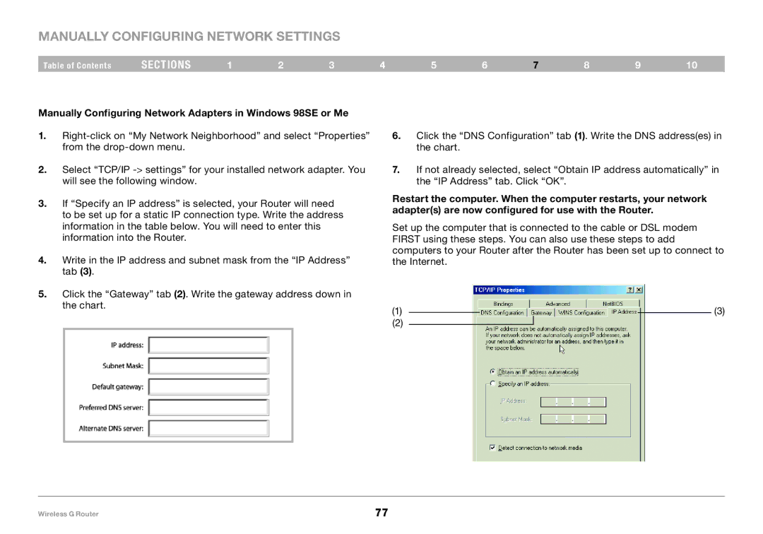 Belkin F5D7234-4 Manually Configuring Network Settings, Manually Configuring Network Adapters in Windows 98SE or Me 