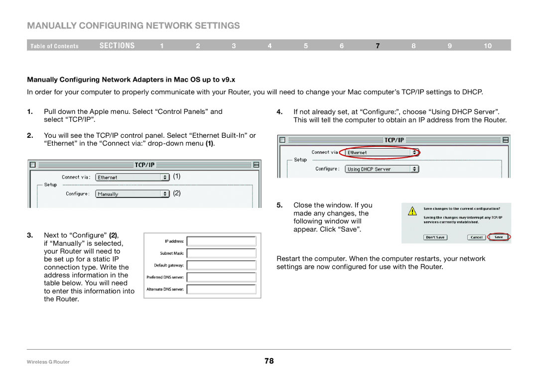 Belkin F5D7234-4 user manual Manually Configuring Network Adapters in Mac OS up to 