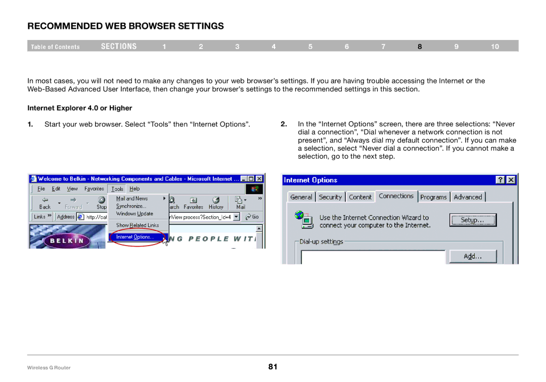 Belkin F5D7234-4 user manual Recommended Web Browser Settings, Internet Explorer 4.0 or Higher 