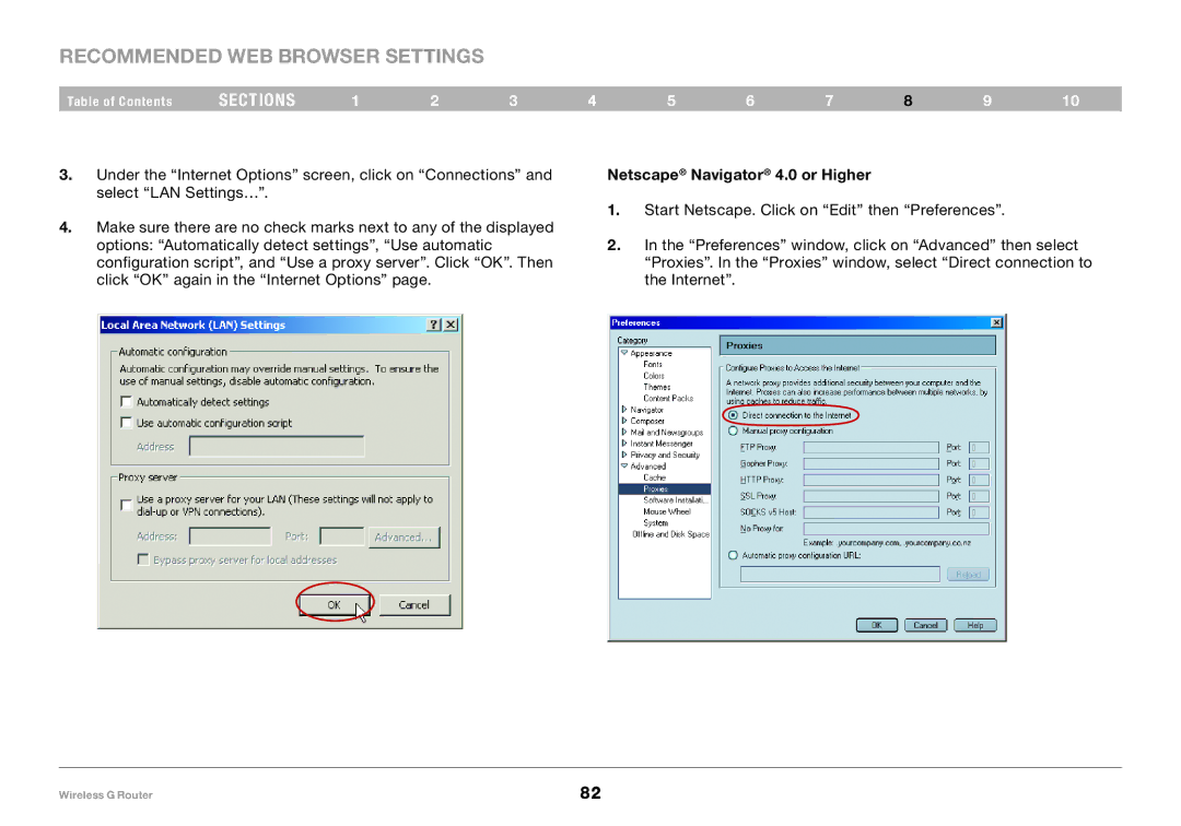 Belkin F5D7234-4 user manual Recommended Web Browser Settings, Netscape Navigator 4.0 or Higher 