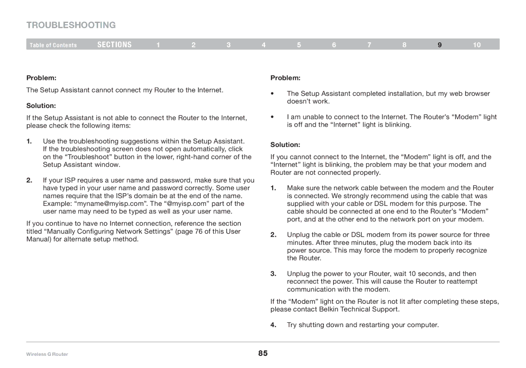Belkin F5D7234-4 user manual Setup Assistant cannot connect my Router to the Internet 