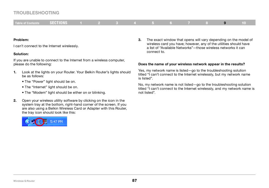 Belkin F5D7234-4 user manual Can’t connect to the Internet wirelessly 