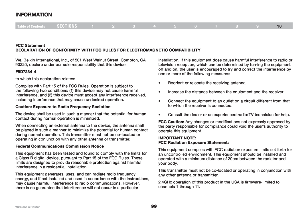 Belkin 8820NP00425, F5D7234NP4 user manual sections, FCC Statement, F5D7234-4, Caution Exposure to Radio Frequency Radiation 