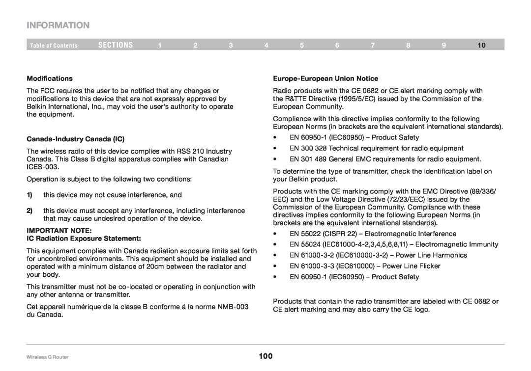 Belkin F5D7234NP4 user manual Information, sections, Modifications, Europe-European Union Notice, Canada-Industry Canada IC 