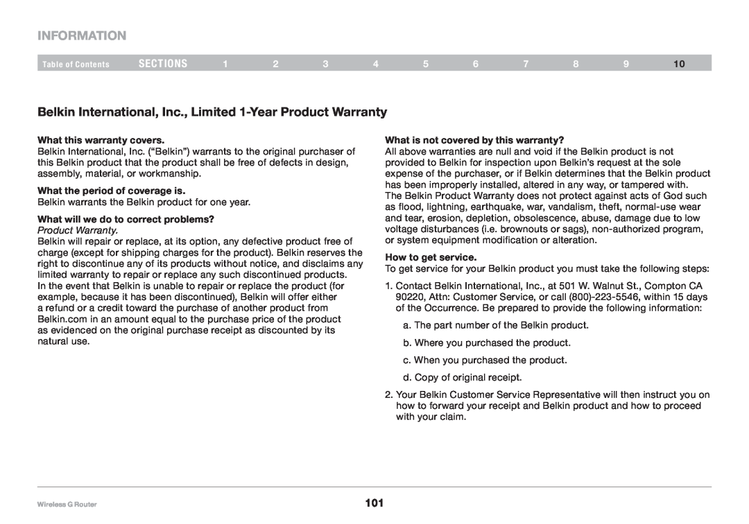 Belkin 8820NP00425 Information, sections, What this warranty covers, What the period of coverage is, Product Warranty 