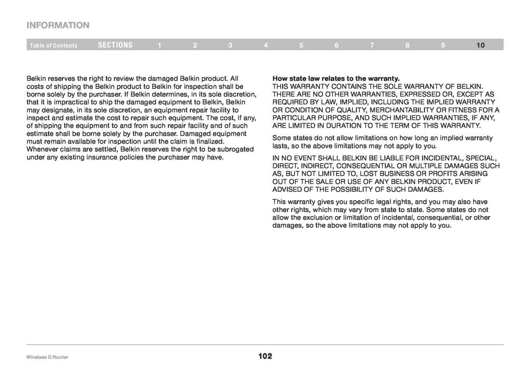 Belkin F5D7234NP4, 8820NP00425 user manual Information, sections, How state law relates to the warranty 