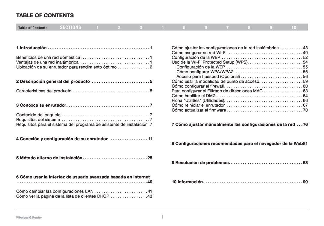 Belkin F5D7234NP4, 8820NP00425 sections, 6 Cómo usar la Interfaz de usuario avanzada basada en Internet, Table of Contents 