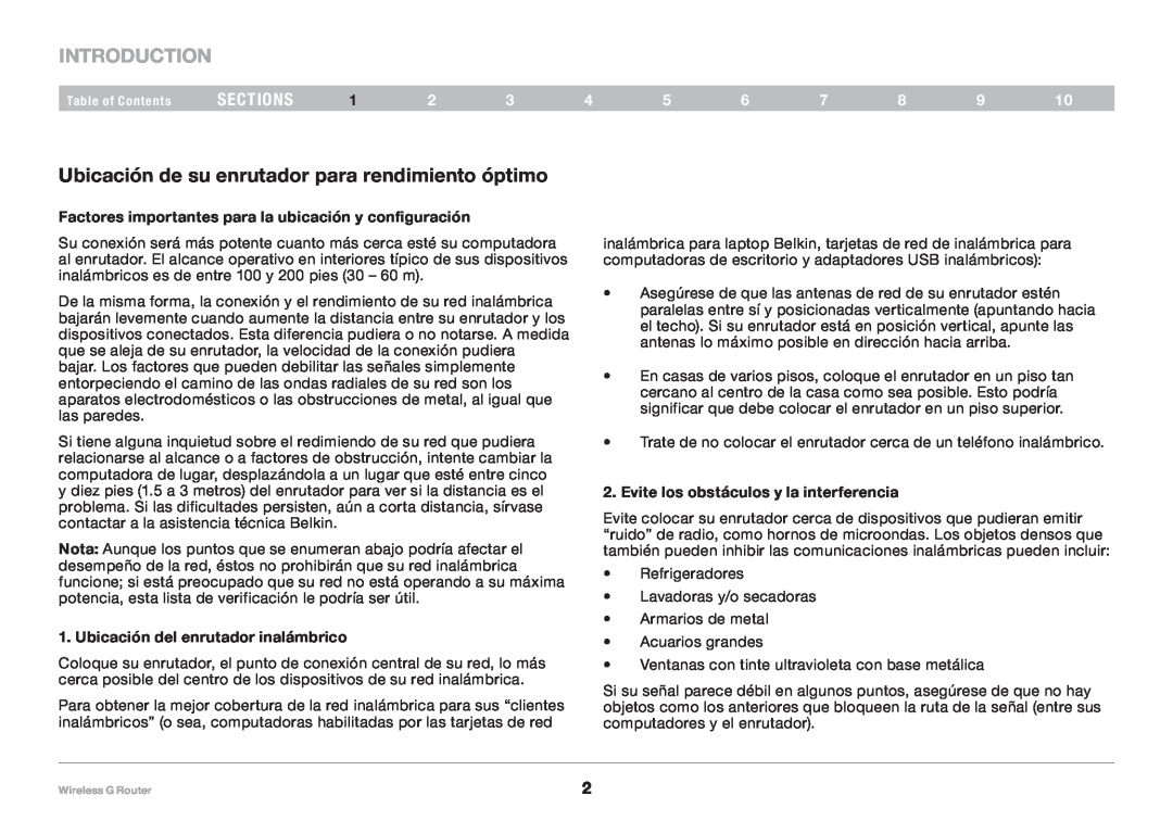 Belkin F5D7234NP4, 8820NP00425 user manual Introduction, sections, Factores importantes para la ubicación y configuración 