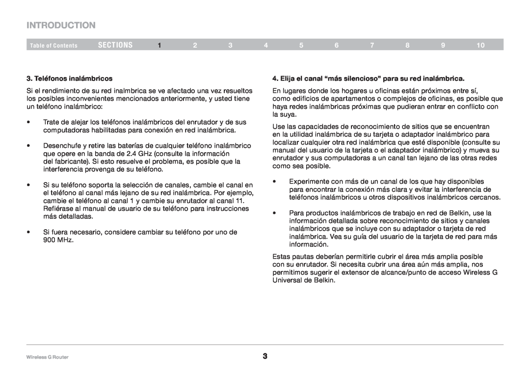 Belkin 8820NP00425 Introduction, sections, Teléfonos inalámbricos, Elija el canal “más silencioso” para su red inalámbrica 