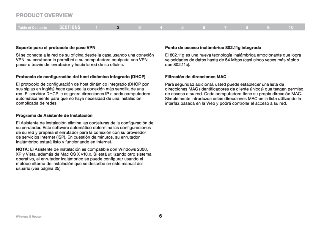 Belkin F5D7234NP4 Product Overview, sections, Soporte para el protocolo de paso VPN, Programa de Asistente de Instalación 