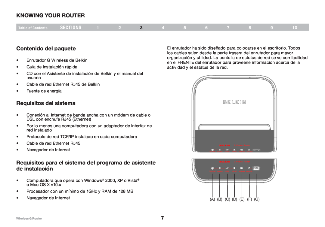 Belkin 8820NP00425, F5D7234NP4 user manual Knowing your Router, Contenido del paquete, Requisitos del sistema, sections 