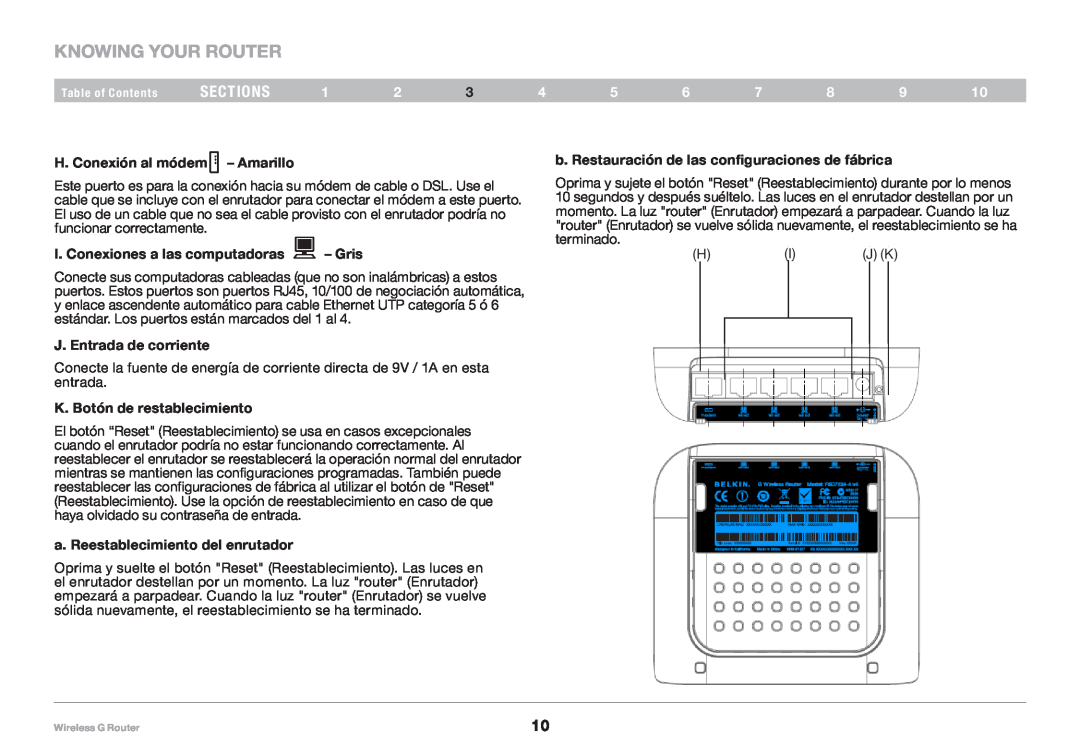 Belkin F5D7234NP4 Knowing your Router, sections, H. Conexión al módem - Amarillo, I. Conexiones a las computadoras - Gris 