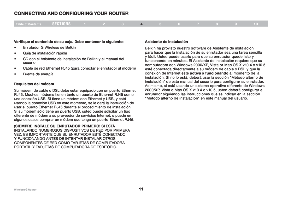 Belkin 8820NP00425 Connecting and Configuring your Router, sections, Requisitos del módem, Asistente de instalación 