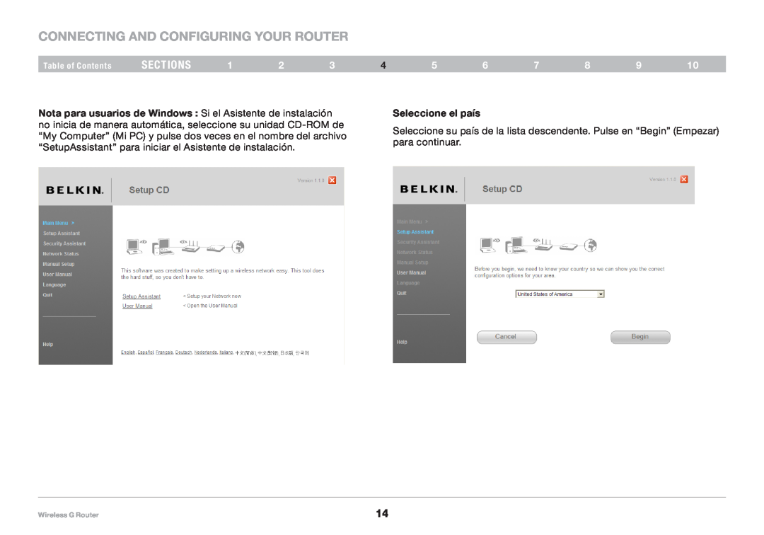 Belkin F5D7234NP4, 8820NP00425 user manual Connecting and Configuring your Router, sections, Seleccione el país 