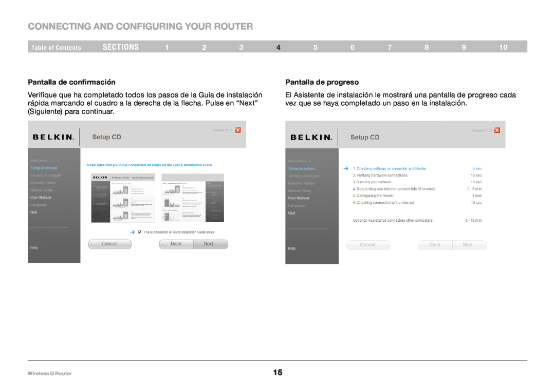 Belkin 8820NP00425 Connecting and Configuring your Router, sections, Pantalla de confirmación, Pantalla de progreso 