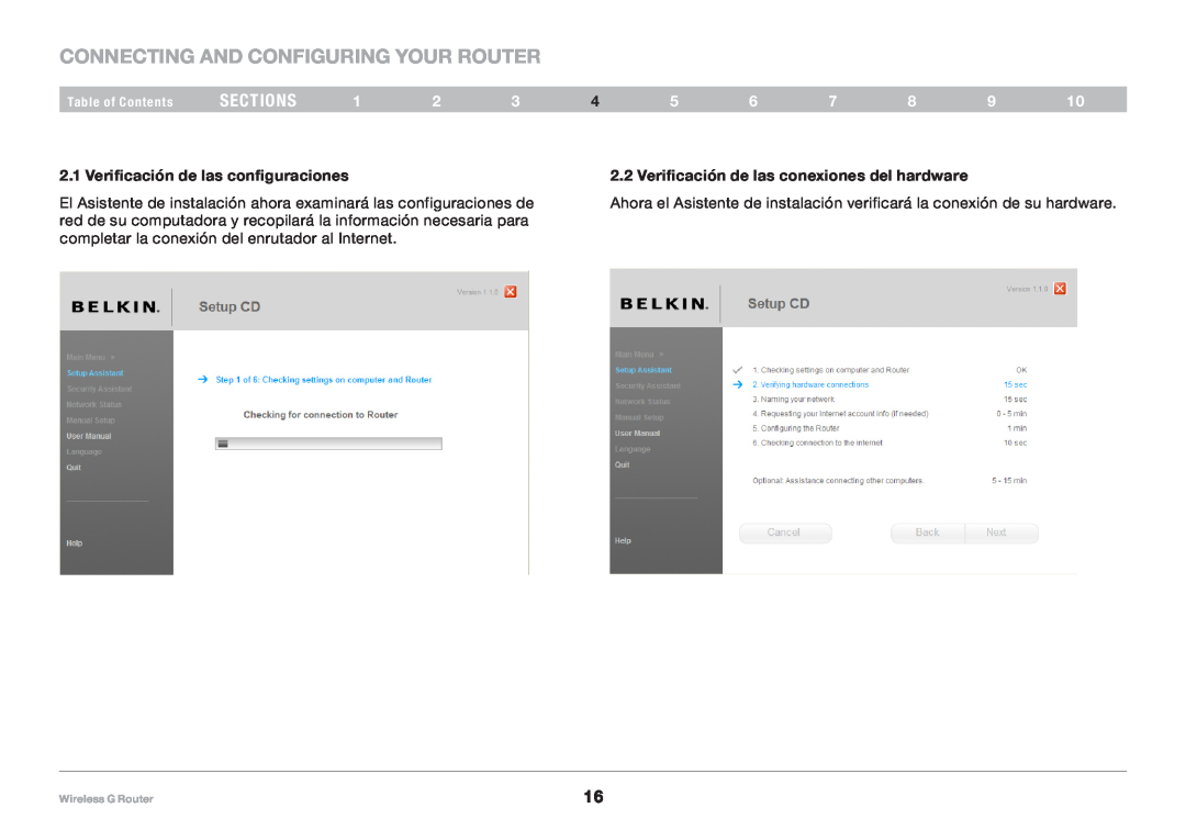 Belkin F5D7234NP4, 8820NP00425 Connecting and Configuring your Router, sections, Verificación de las configuraciones 