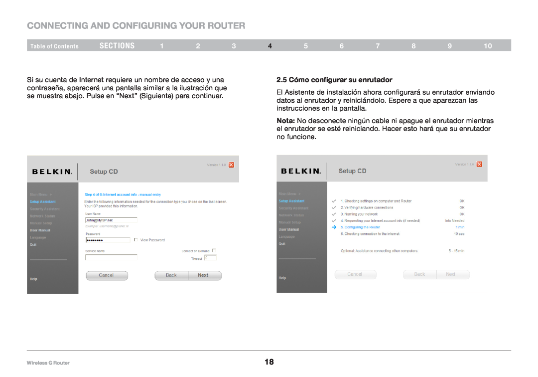 Belkin F5D7234NP4, 8820NP00425 Connecting and Configuring your Router, sections, 2.5 Cómo configurar su enrutador 