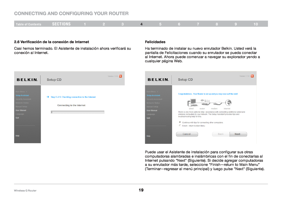 Belkin 8820NP00425 Connecting and Configuring your Router, sections, Verificación de la conexión de Internet, Felicidades 