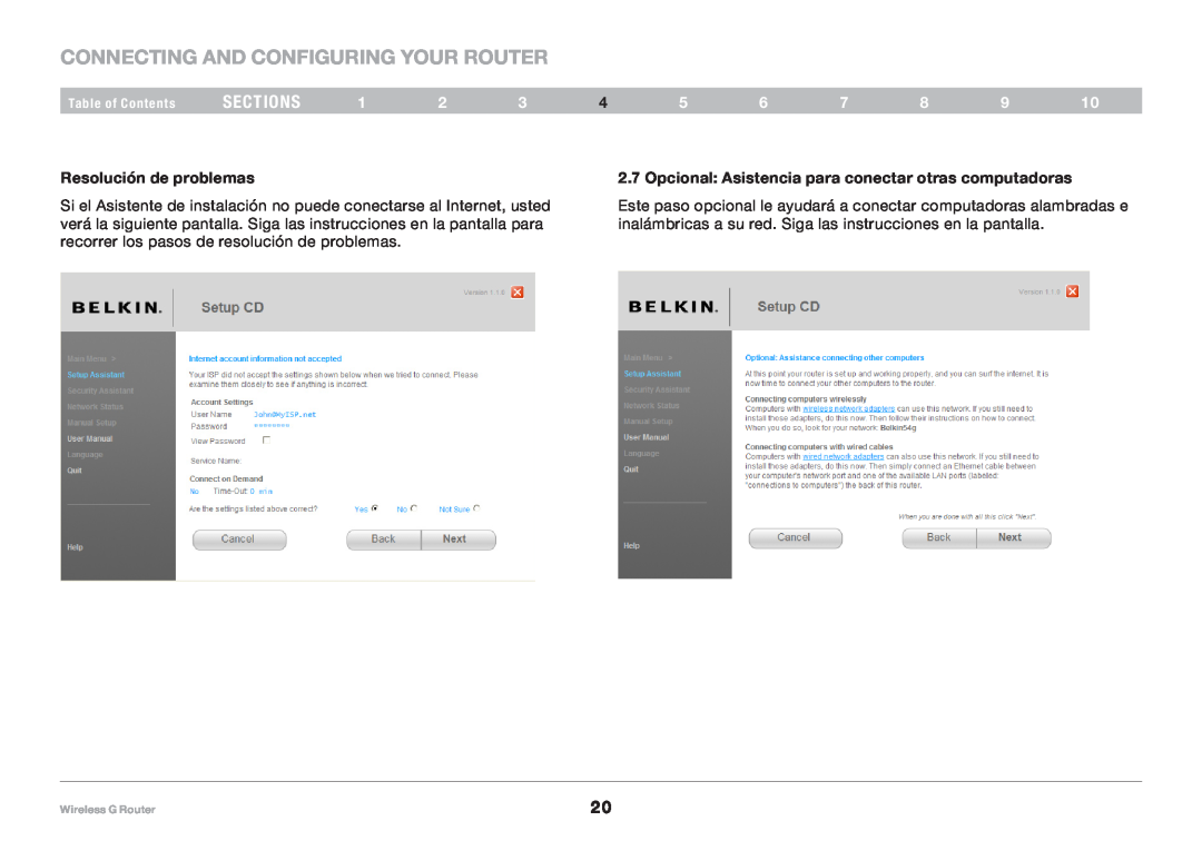 Belkin F5D7234NP4, 8820NP00425 user manual Connecting and Configuring your Router, sections, Resolución de problemas 