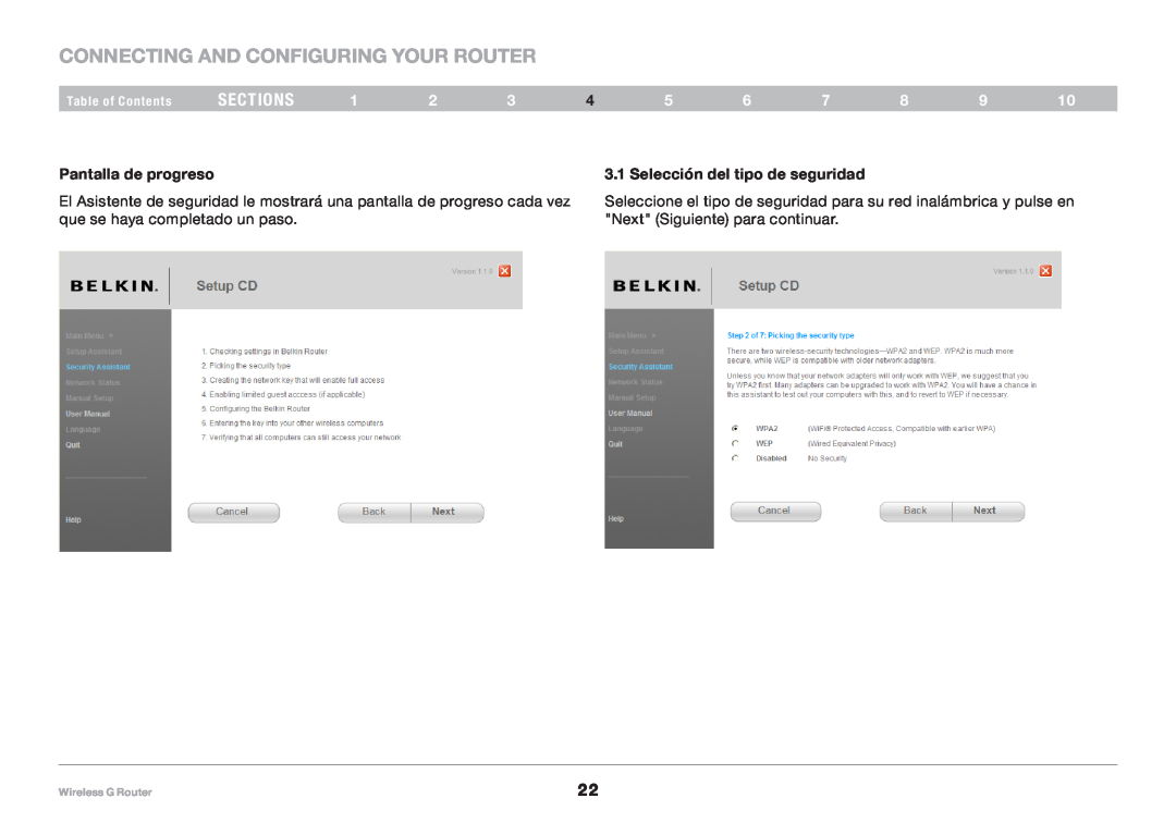 Belkin F5D7234NP4 Connecting and Configuring your Router, sections, Pantalla de progreso, Selección del tipo de seguridad 