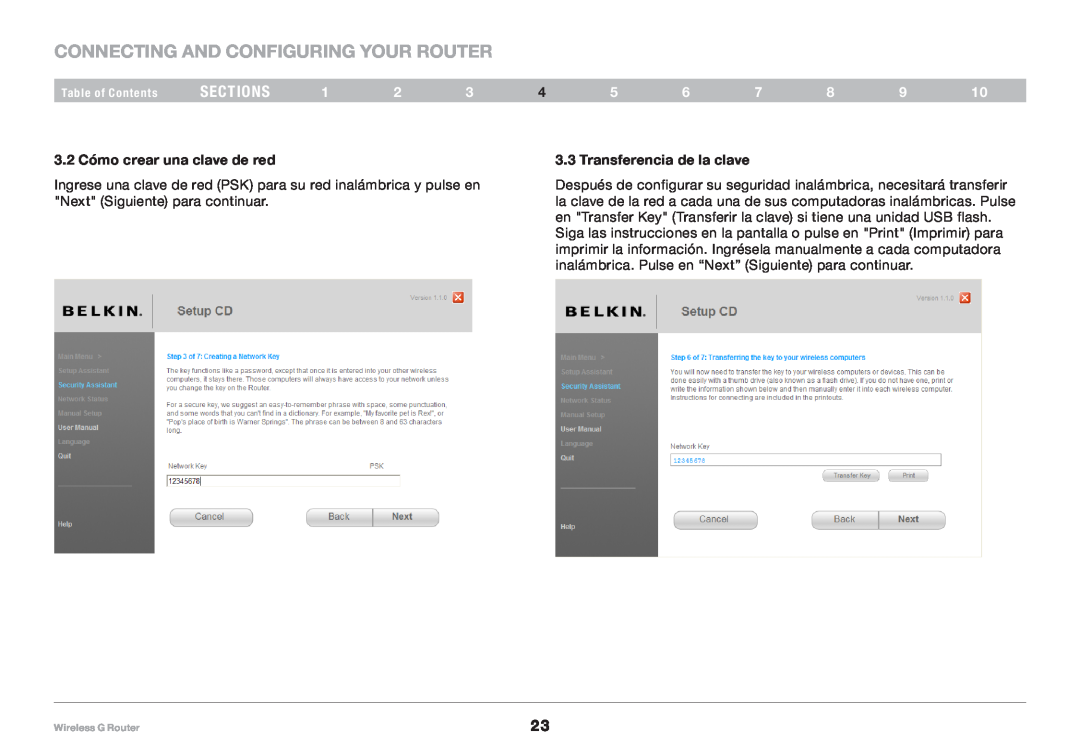 Belkin 8820NP00425, F5D7234NP4 user manual Connecting and Configuring your Router, sections, 3.2 Cómo crear una clave de red 